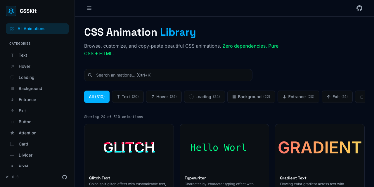 CSSKit — Open-Source CSS Animation Library with 310+ Animations