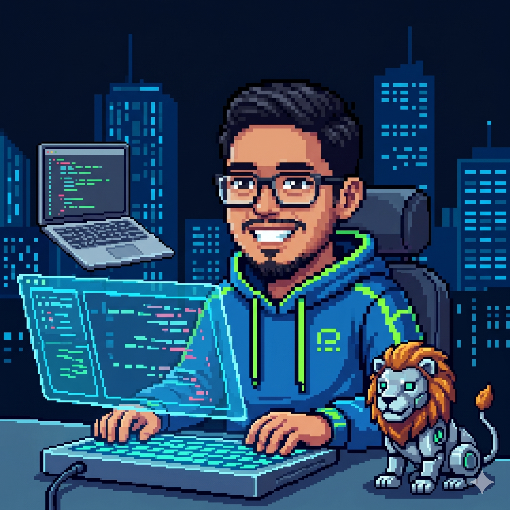Developer at coding station with robotic lion companion