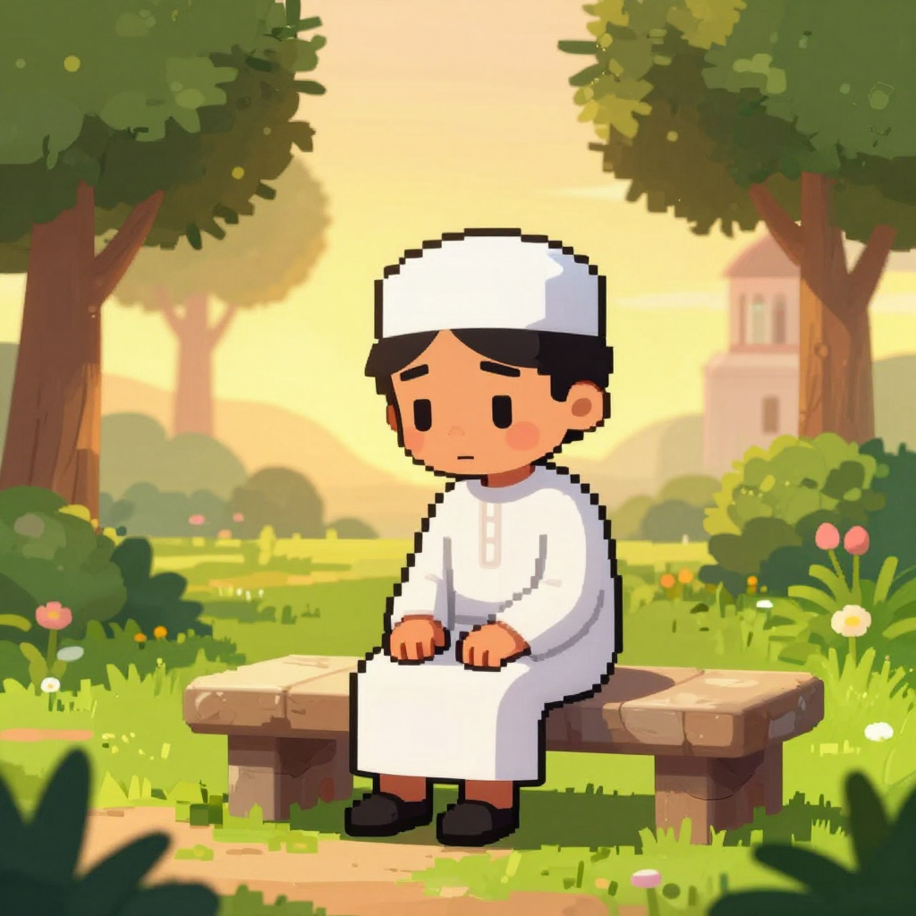 A young Muslim boy sitting alone on a bench in a garden at sunset, pixel art style