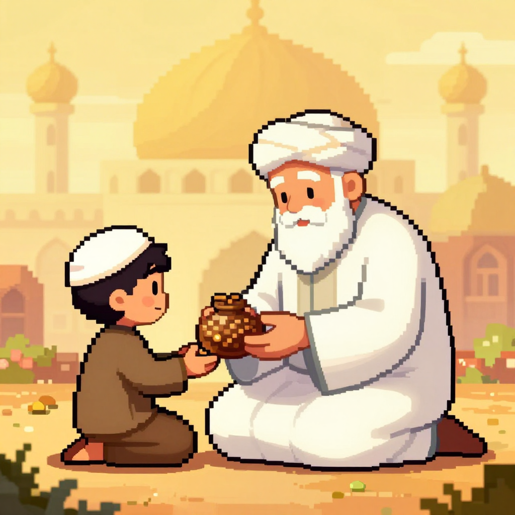 A wise old Muslim scholar giving seeds to a young boy, with a mosque in the background, pixel art style