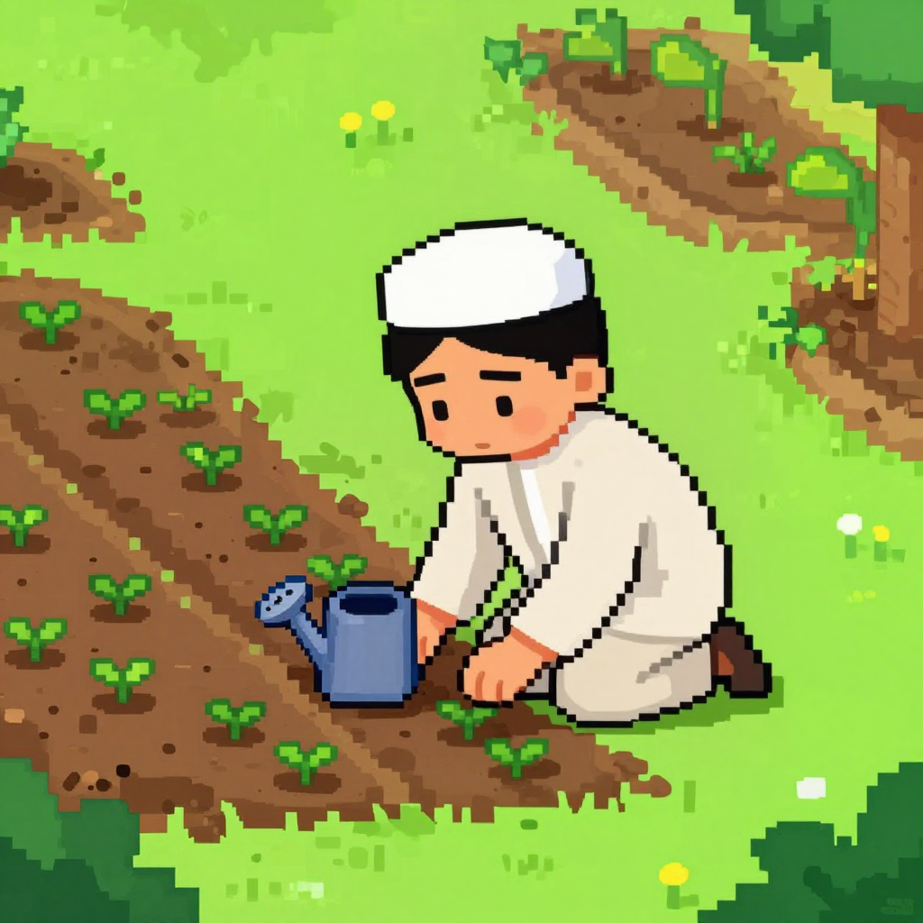 A young Muslim boy planting seeds in a garden with a watering can beside him, pixel art style
