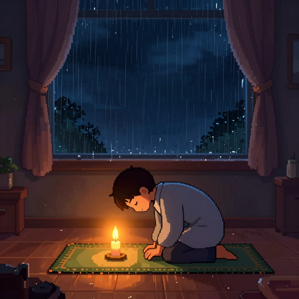 A dark stormy night with a young Muslim boy praying in sujood, candlelight glowing, pixel art style