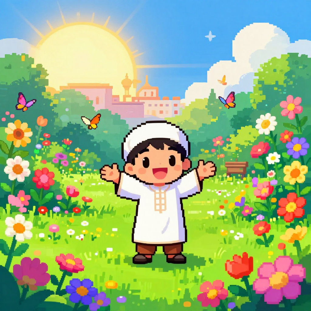 A beautiful blooming garden with colorful flowers, a smiling boy with open arms, mosque in background, pixel art style